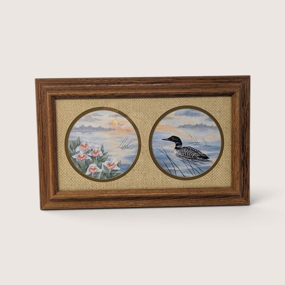 Vintage D Smith Loon Framed Print Wildlife Art Twin Round Mat Print